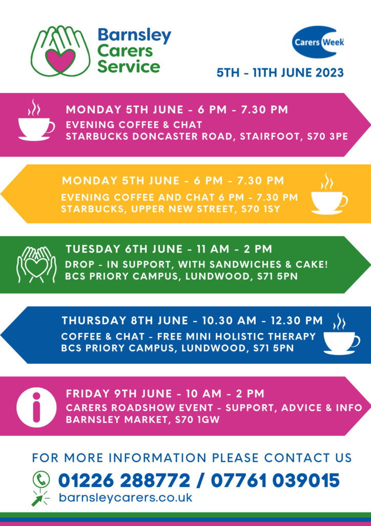 Poster with carers week and Barnsley Carers Service logos. Image shows multicoloured shapes with lines of text including dates, times and locations of events during Carers Week in the Barnsley area.