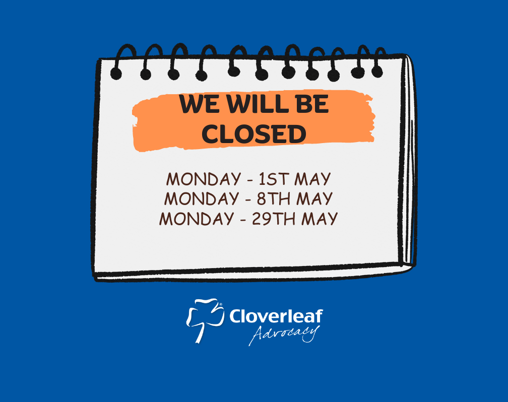 Notice board on a blue background of closing dates in May for the bank holidays.