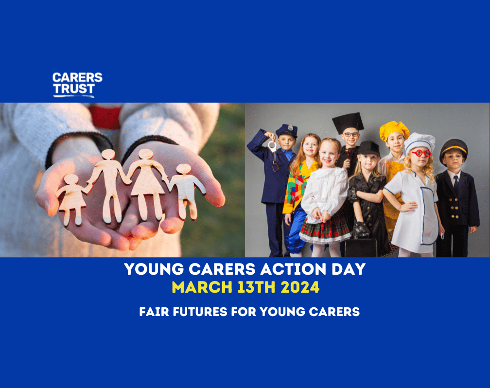 The top left has the Carers Trust logo. The first image is of a child holding an image of a family with a man, a woman, a daughter and a son. The second image is of 8 children dressed up in different career clothes.