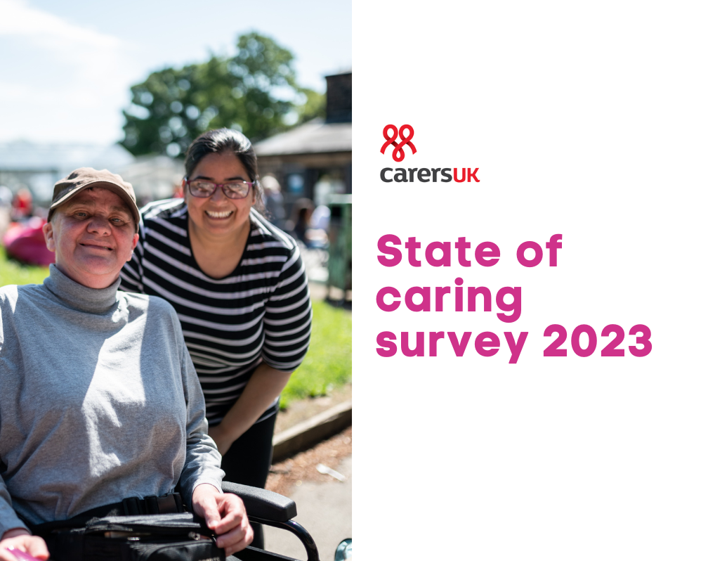 image showing smiling man in wheelchair alongside his smiling family carer. Carers UK logo and text read State of Caring Survey 202.